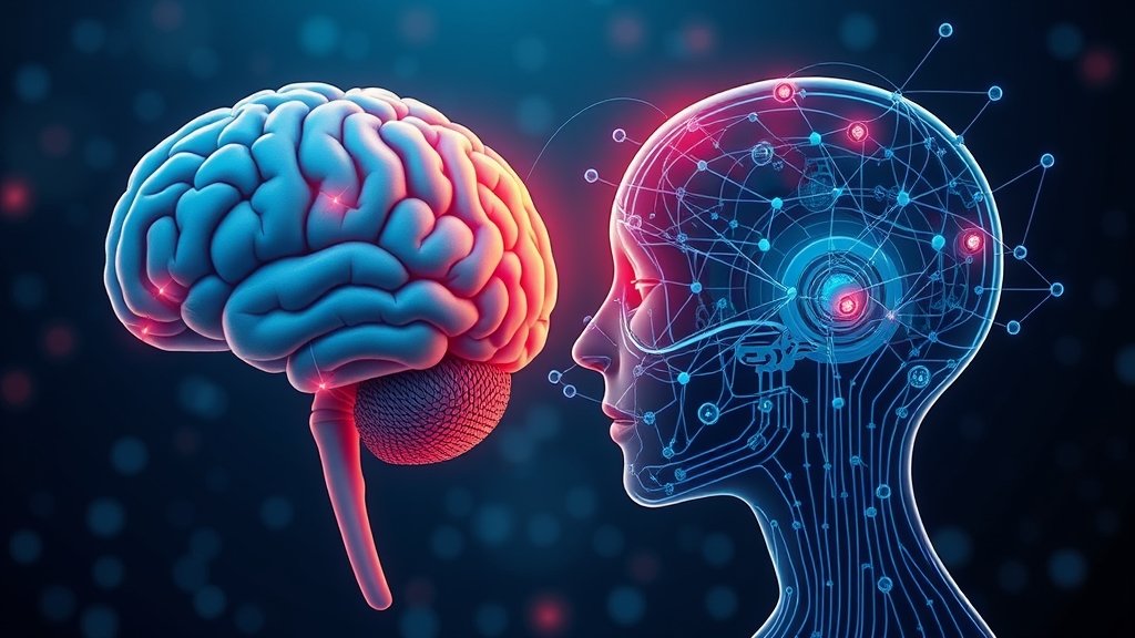 A illustration of a human brain and a machine learning model side by side, with connections and interactions between the two, representing the quest for understanding the fundamental learning abilities of brains and machines.
