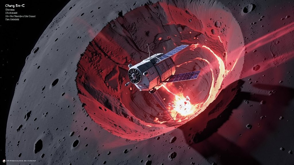 An illustration of the Chang'e-6 spacecraft approaching the lunar far side, with a massive impact crater in the background and a red glow representing the heating of deep materials.