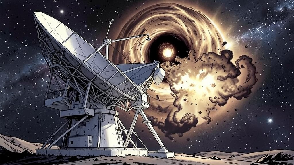 A detailed illustration of a radio telescope observing a cosmic explosion in space, with a black hole in the background and gas surrounding the explosion.