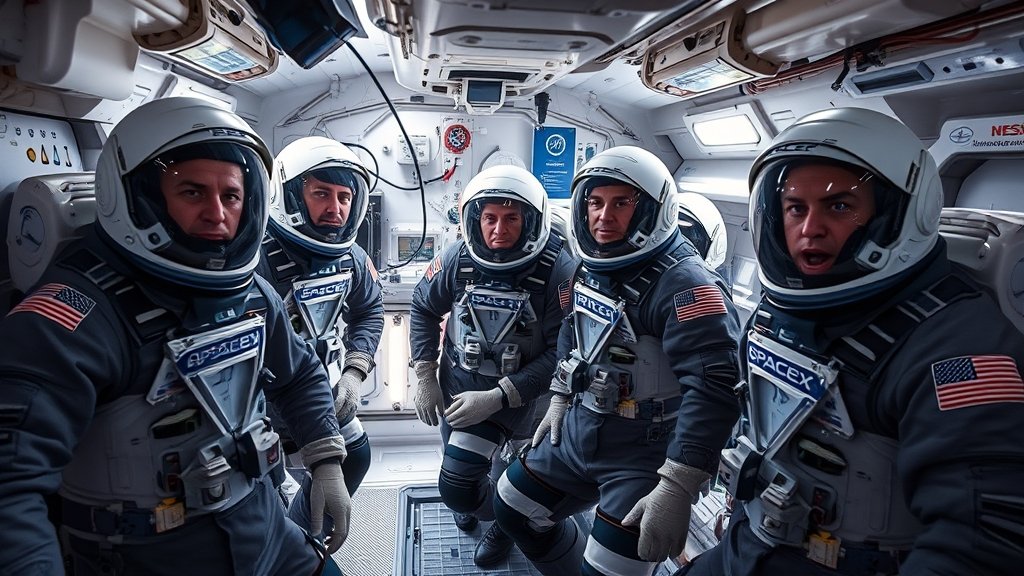 An image of the SpaceX Crew-11 astronauts on the International Space Station with a subtle hint of medical equipment in the background, conveying a sense of urgency and importance.