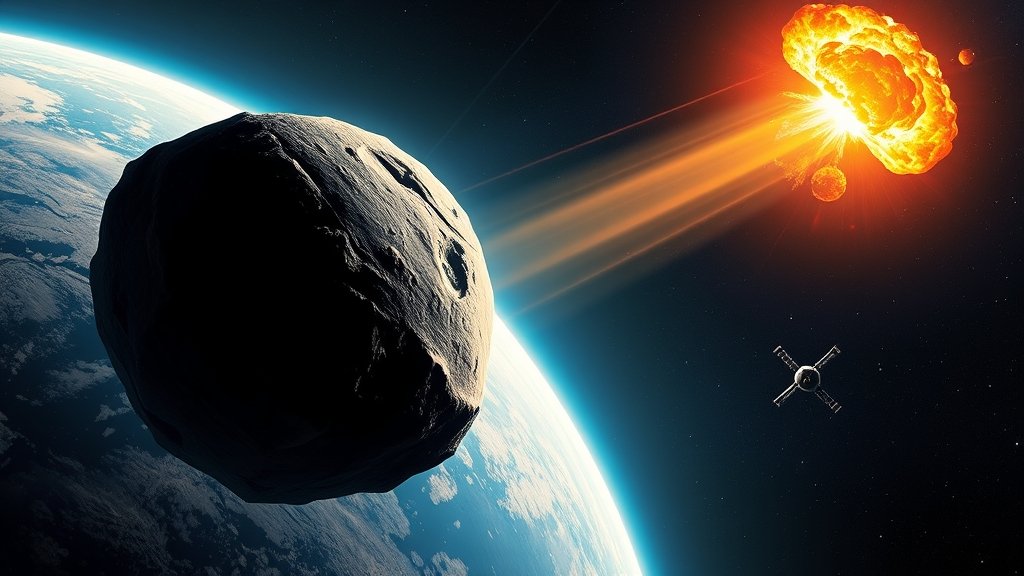 An illustration of an asteroid approaching Earth, with a nuclear explosion in the background, and a spaceship or satellite attempting to deflect it.