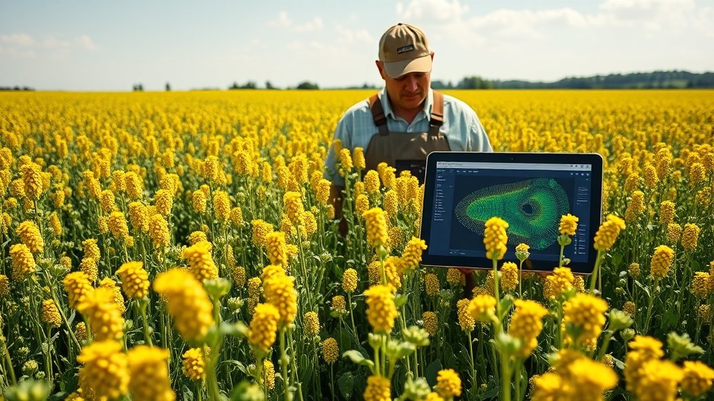 A detailed image of a rapeseed field with a mix of green and yellow flowers, with a farmer or researcher in the background examining a tablet or laptop with a genome-based model interface open, set against a sunny sky with a few clouds.