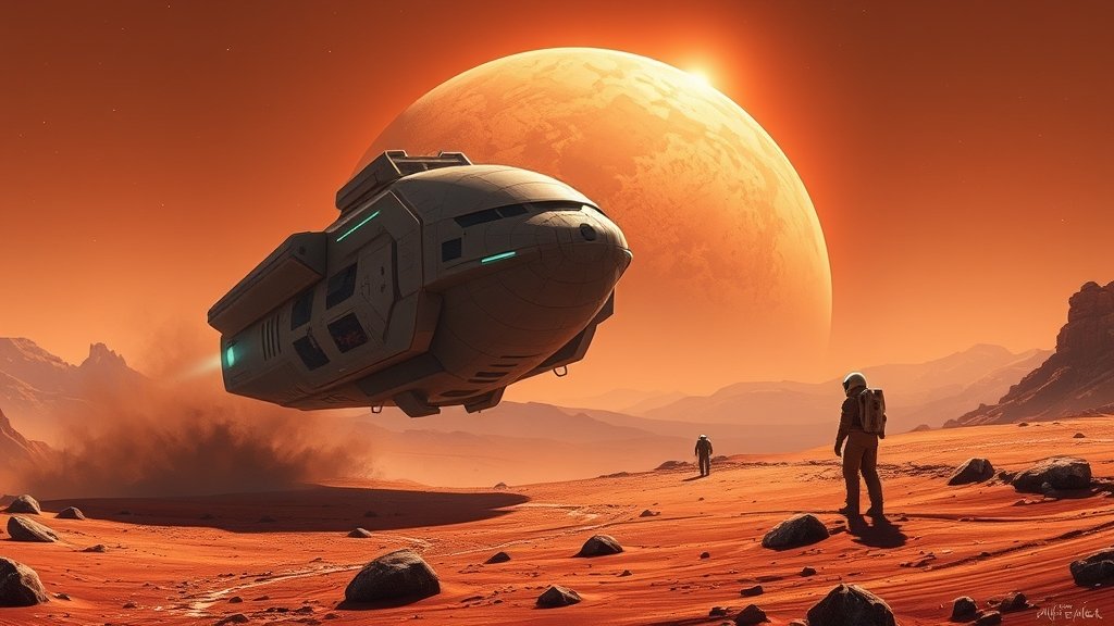 A futuristic illustration of a spacecraft landing on Mars, with astronauts in the background, and a subtle hint of the planet's harsh environment