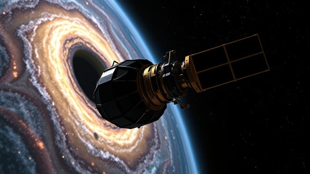 A high-resolution image of the James Webb Space Telescope in space, with a black hole and a galaxy in the background, showcasing the telescope's advanced technology and the mysteries of the universe.