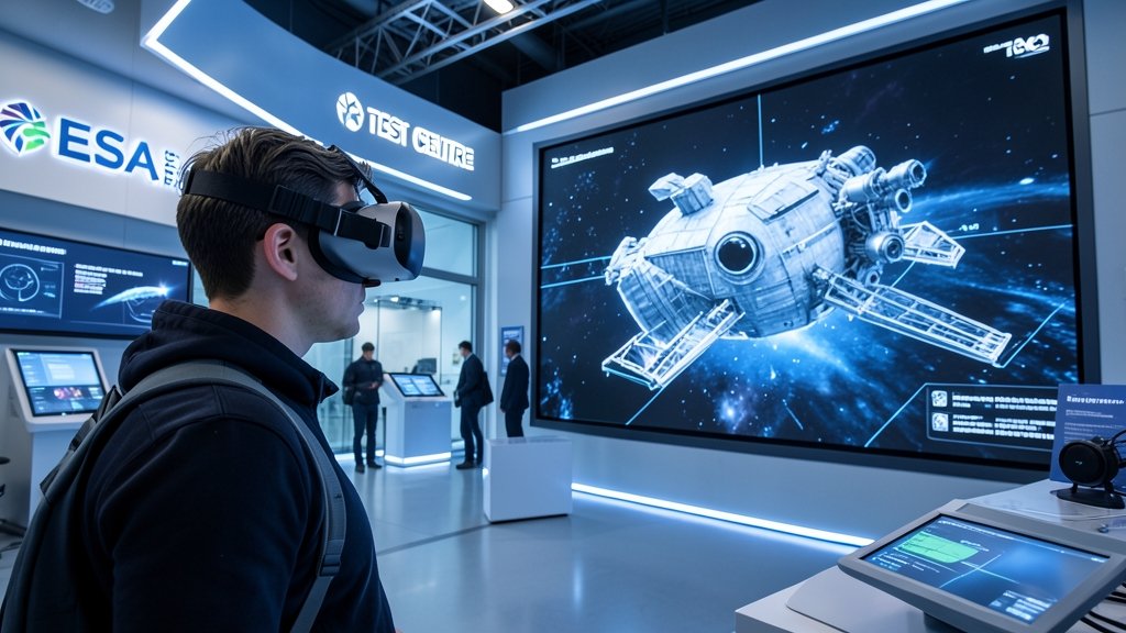 A futuristic image of a person wearing a VR headset exploring the ESA's Test Centre, with a large screen displaying a virtual model of a spacecraft in the background.