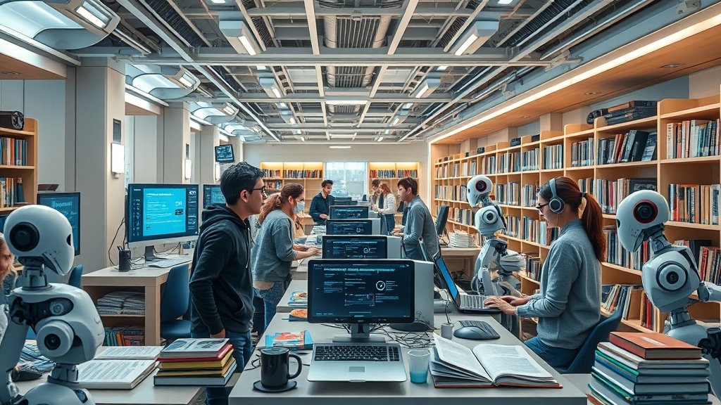 A futuristic image of a university hub with students and researchers working together on AI-powered humanities projects, surrounded by screens, robots, and books.