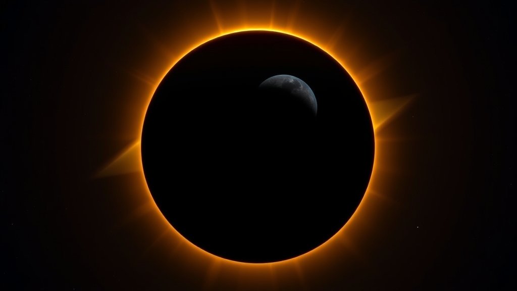 An illustration of a total solar eclipse with the sun, moon, and earth aligned, showing the path of totality across the United States.