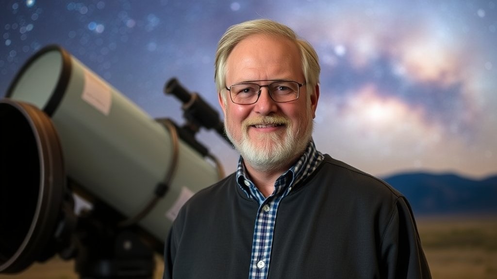 A photo of George Smoot standing in front of a large telescope, with a subtle background image of the universe.