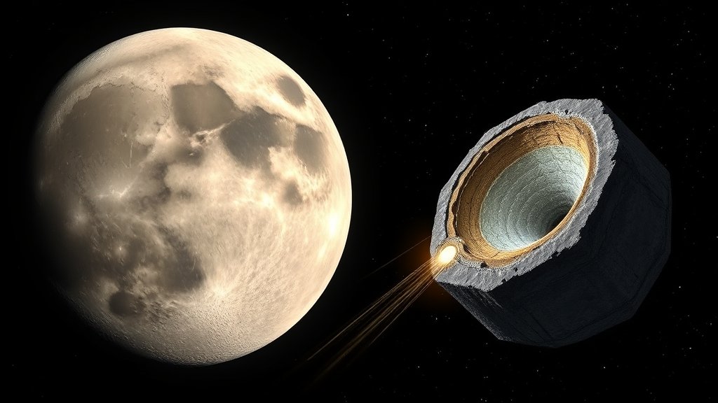 An illustration of the moon's far side with a massive impact crater and a depiction of the lunar mantle losing volatiles