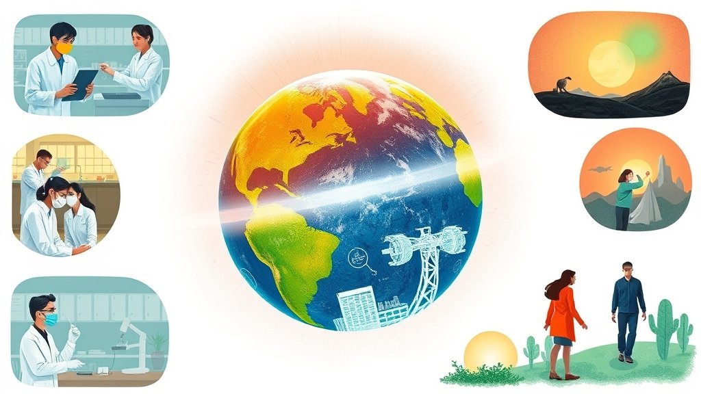 An illustration of the Earth with a healing ozone layer, surrounded by images of scientists working in labs and people reducing their carbon footprint.