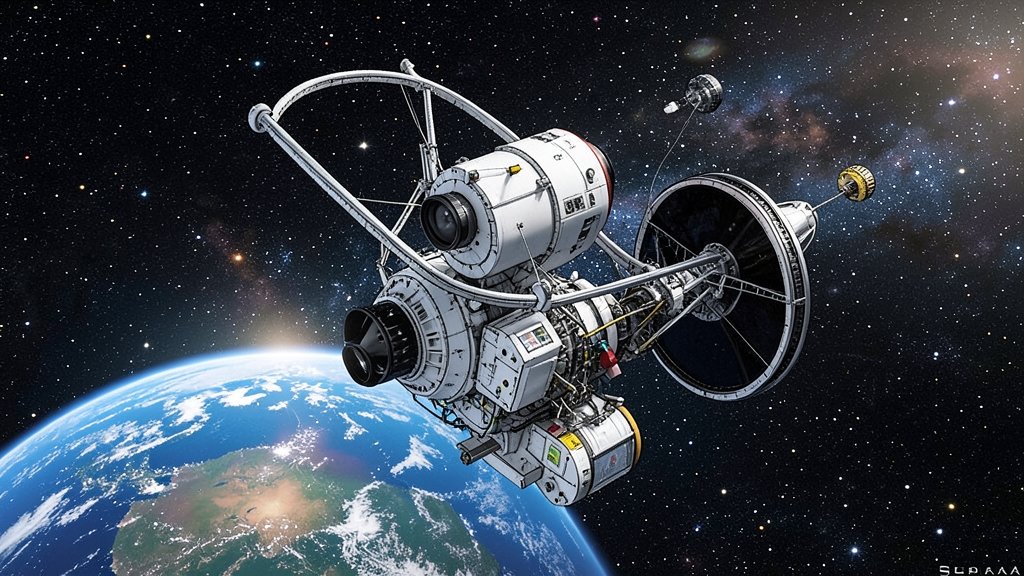 A detailed illustration of the Roman Space Telescope in space, with the Earth and stars in the background, highlighting its advanced technology and capabilities.