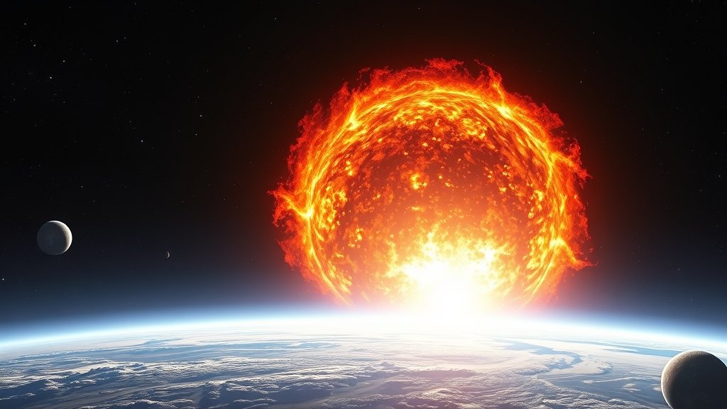 A dramatic illustration of a Type Ia supernova exploding in the vastness of space, with a nearby planet or star system in the foreground, highlighting the immense scale and energy release of such an event.