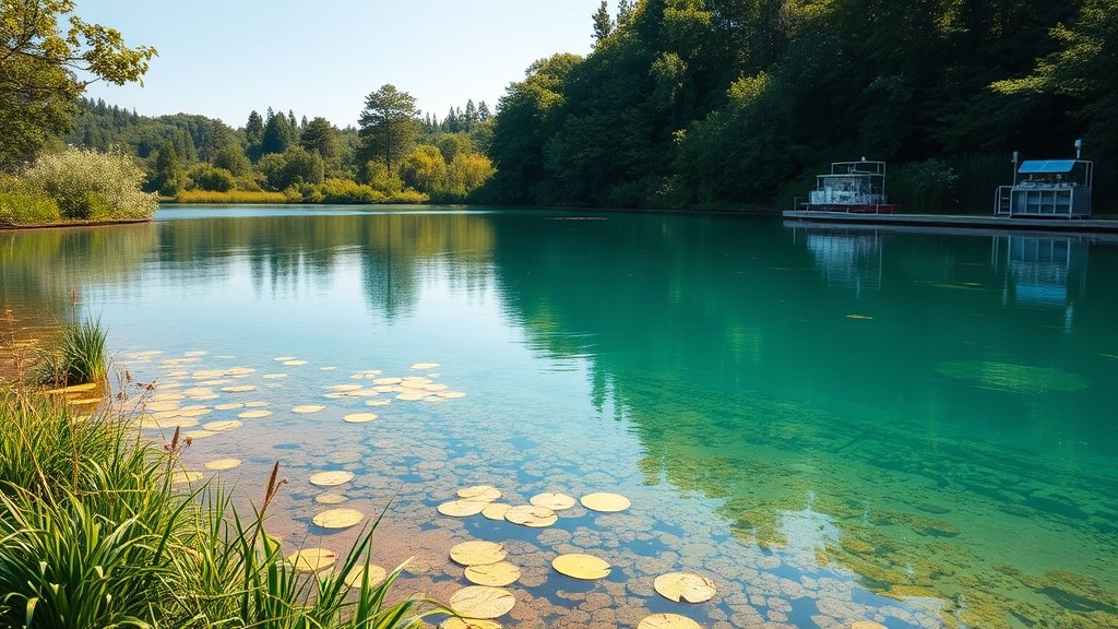 A serene freshwater lake with lush greenery and a few trees surrounding it, with a subtle hint of a laboratory setup in the background to represent the scientific study of the ecosystem