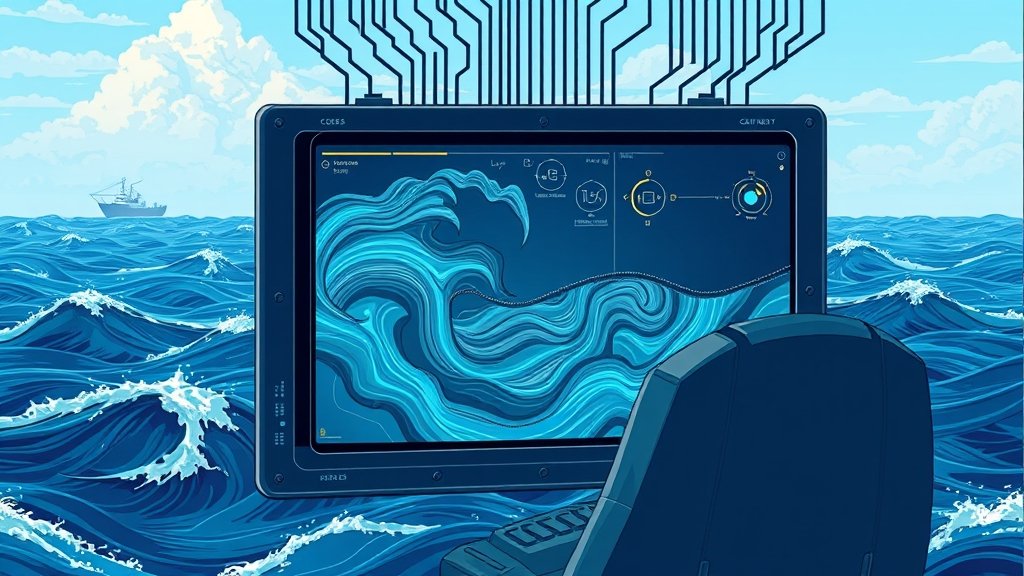 A detailed illustration of an AI system analyzing ocean currents, with a subtle background of ocean waves and a few research vessels in the distance, highlighting the intersection of technology and marine research.