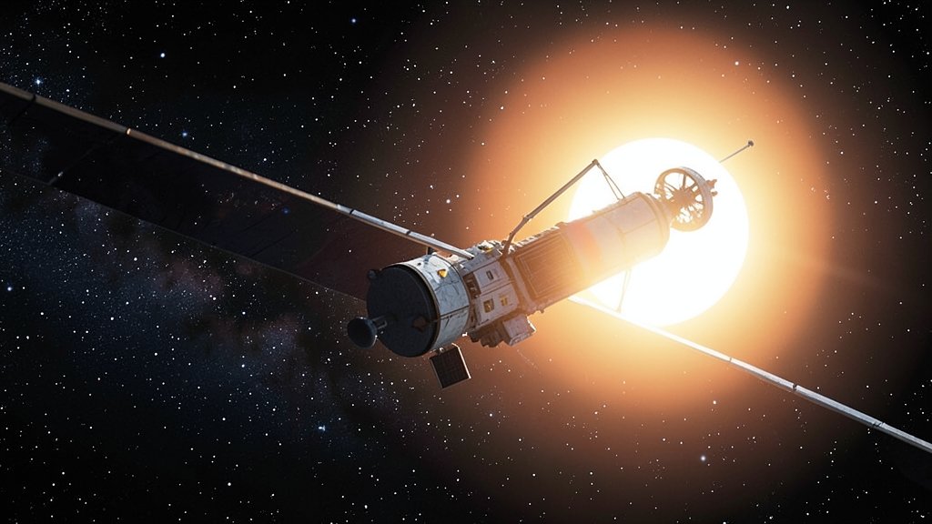 An illustration of the Voyager 1 spacecraft approaching a distant star system, with a bright light in the background representing the Sun.