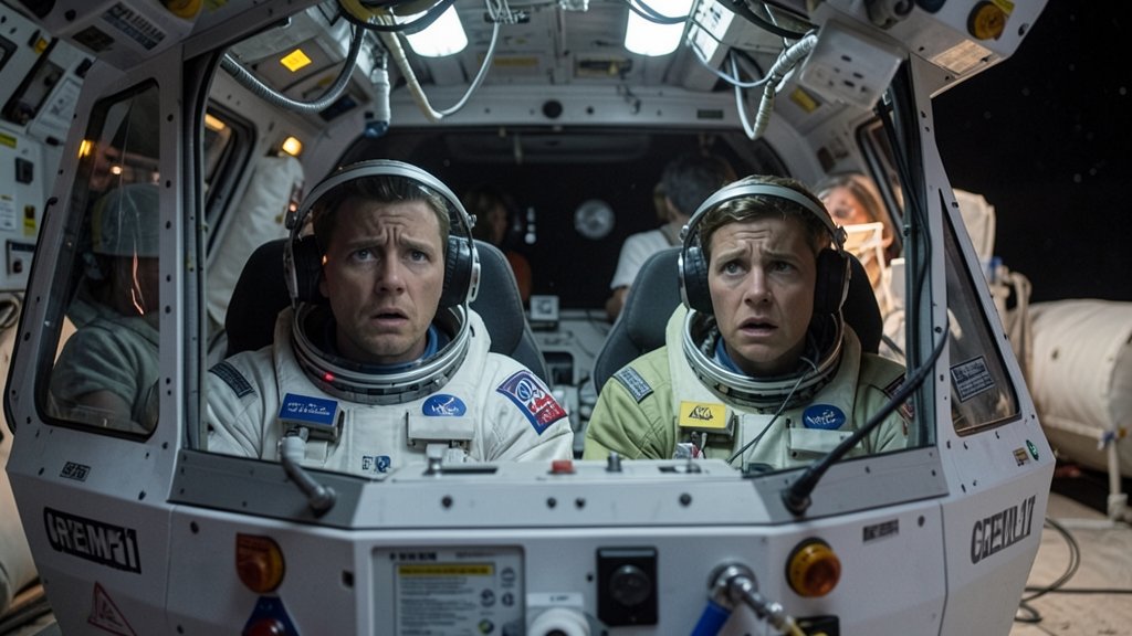 A detailed image of the NASA spacecraft with the Crew-11 astronauts on board, with a subtle hint of medical equipment and a concerned expression on the faces of the astronauts.