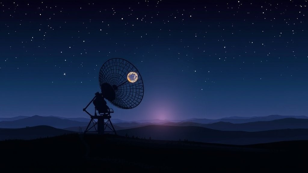 A detailed illustration of the SETI Institute's radio telescope array at night, with a faint, glowing signal emanating from the center of the image, surrounded by stars and a subtle, gradient background that transitions from deep blues to purples.