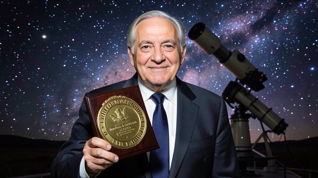 A photo of Shrinivas Kulkarni holding the Royal Astronomical Society gold medal, with a background image of the universe or a telescope