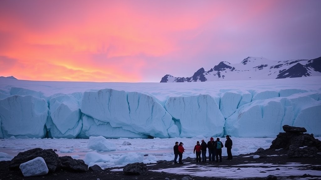 A dramatic image of Antarctica's fastest-melting glacier with a research team in the foreground, highlighting the urgency of climate change research