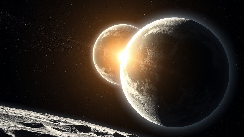 A detailed illustration of the Earth's atmosphere extending into space, with the Moon in the background, and particles from the atmosphere interacting with the lunar surface.