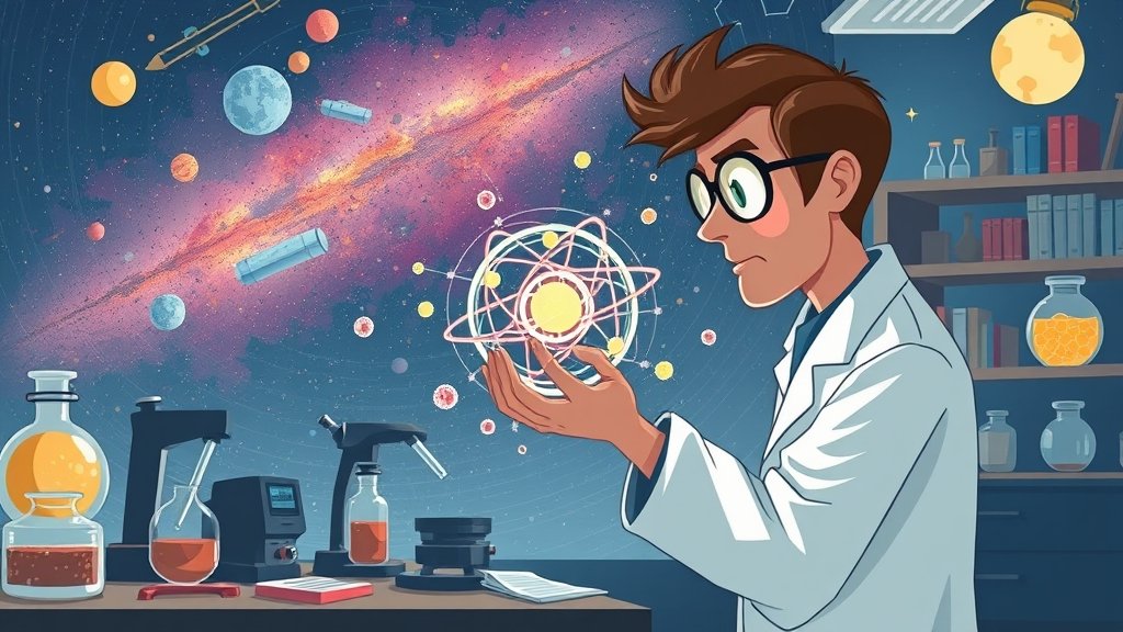 An illustration of a scientist studying a mysterious particle in a laboratory, with a background of the universe and various scientific equipment.