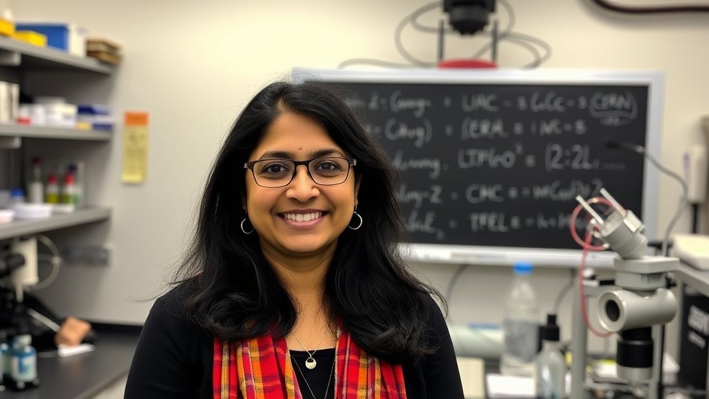 A picture of Rohini Godbole in a laboratory setting, surrounded by scientific equipment and formulas on a blackboard, with a subtle background image of the CERN facility.