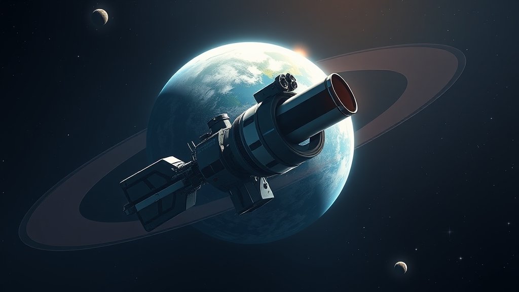 An illustration of a futuristic space telescope in orbit around the Earth, with the Moon in the background, symbolizing the dawn of a new era in space exploration.