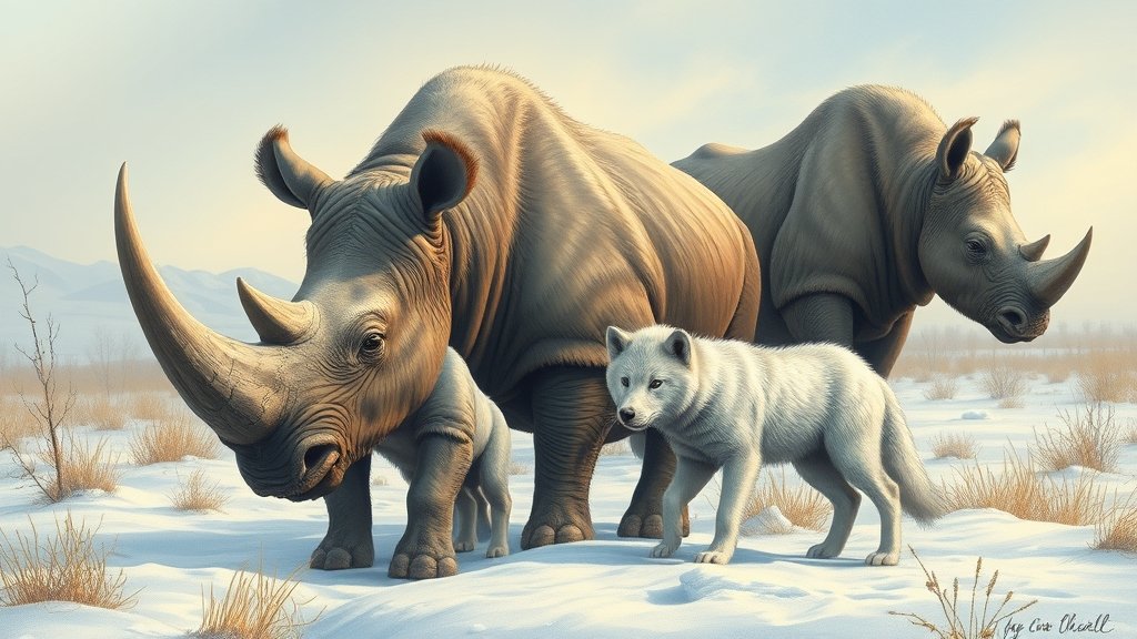 A detailed illustration of a woolly rhino and an Ice Age wolf in a Siberian landscape, with a frozen wolf pup in the foreground and a woolly rhino in the background.