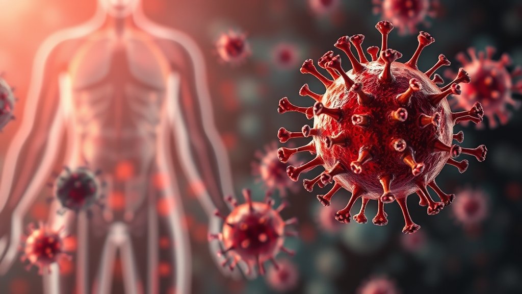 An illustration of cancer cells stealing mitochondria from immune cells, with a subtle background of a human body's immune system at work