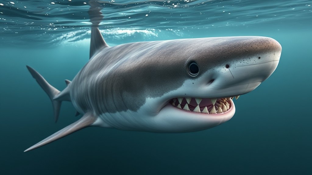 A high-quality image of a Greenland shark swimming in the Arctic waters, with a close-up of its eyes to highlight its unique visual system