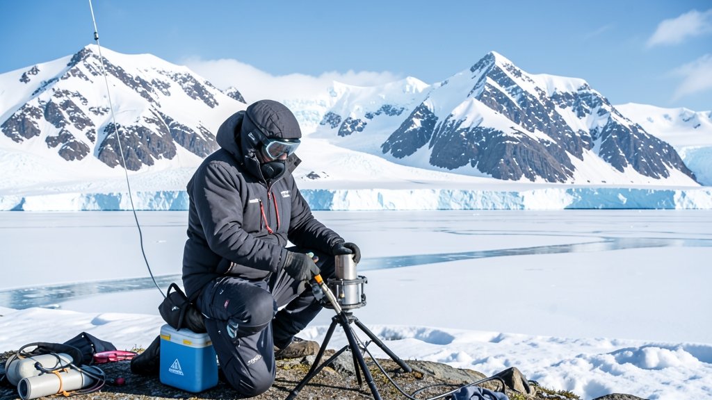 A photo of a researcher in Antarctica, with a backdrop of snow-covered mountains and a frozen lake, conducting fieldwork with specialized equipment.