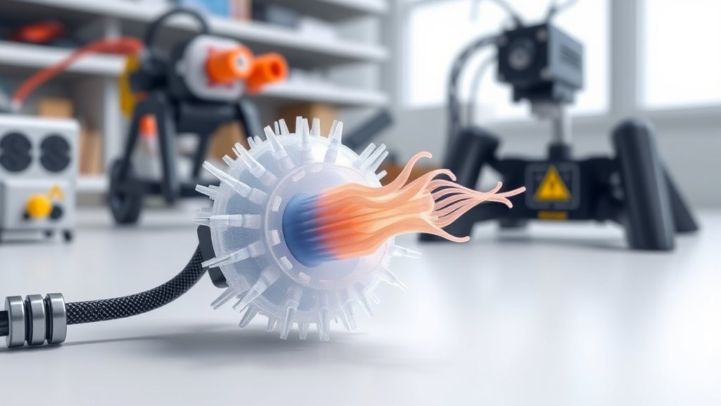 A detailed illustration of a 3D-printed hydrogel cilia microactuator in action, with a background of robotic components and a laboratory setting.