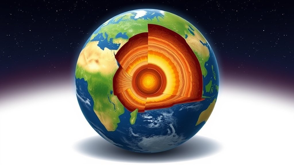 An illustration of the Earth with a cutaway section revealing the layers beneath the surface, including the crust, mantle, outer core, and inner core, with a subtle background of stars and galaxies.
