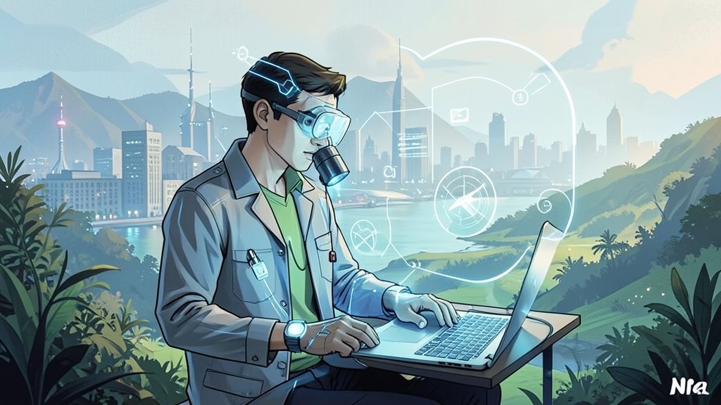 A futuristic illustration of a researcher studying the intersection of technology and nature, with a subtle background of a cityscape and a natural landscape, symbolizing the balance between human innovation and environmental preservation.