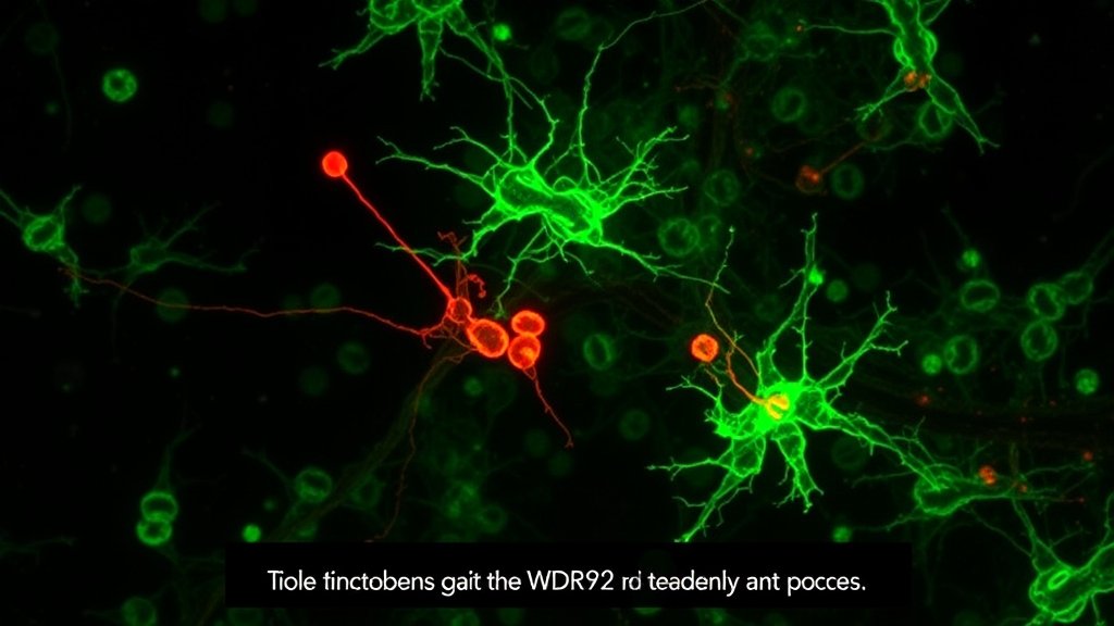 A microscopic image of skeletal myoblasts differentiating into muscle fibers, with a caption explaining the role of WDR62 in this process