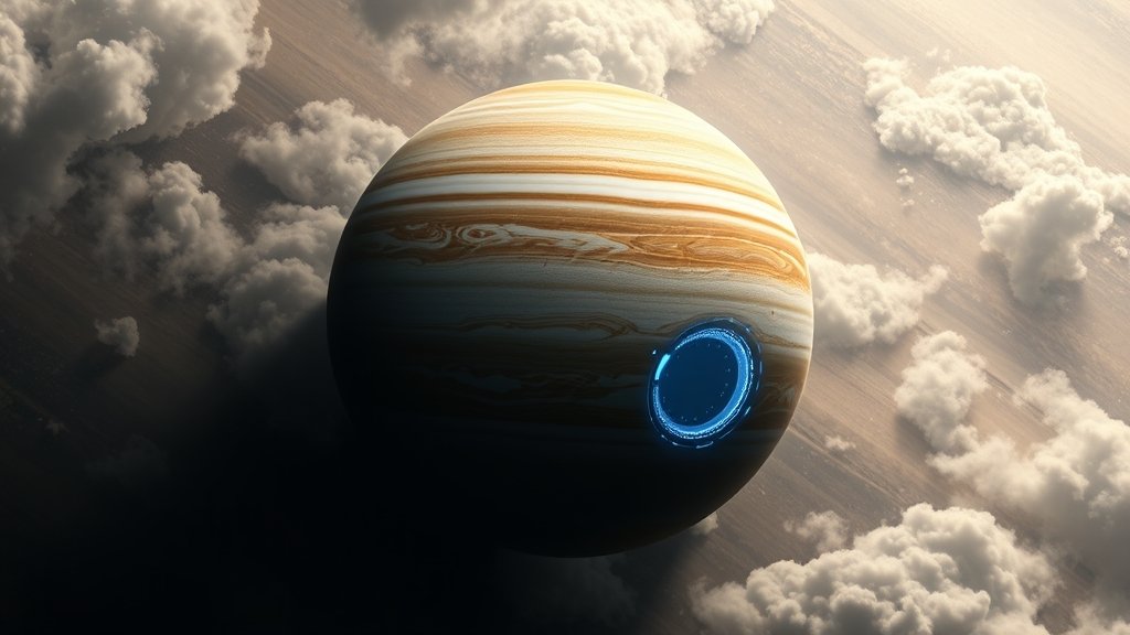 An illustration of Jupiter's atmosphere with clouds and a computer model visualizing the planet's interior