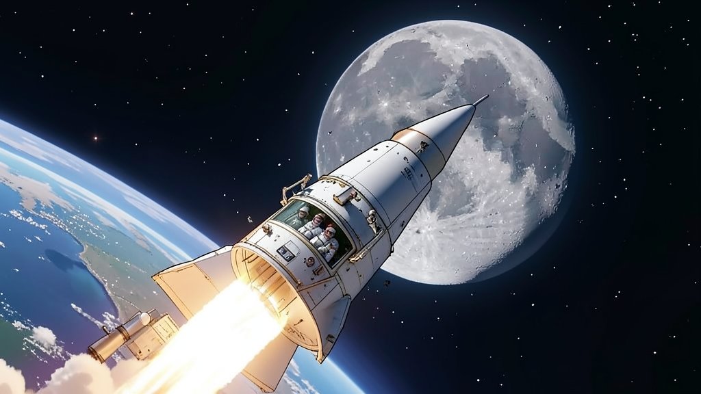 An illustration of the NASA Artemis II rocket launching from Earth, with the Moon in the background, and a crew of astronauts inside the spacecraft.