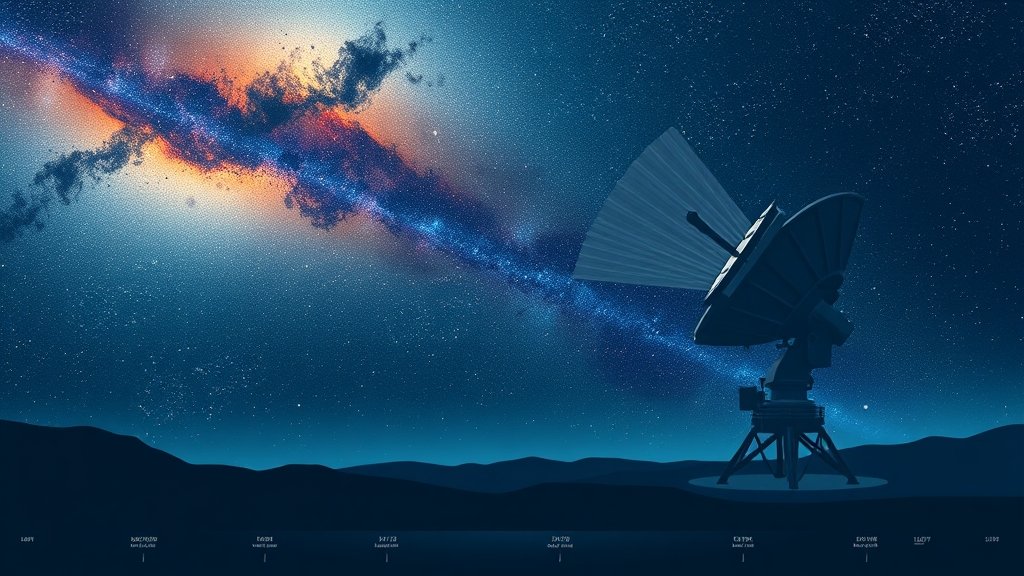An illustration of a radio telescope receiving signals from distant galaxies, with a subtle background image of the Milky Way galaxy and a timeline of the universe's evolution