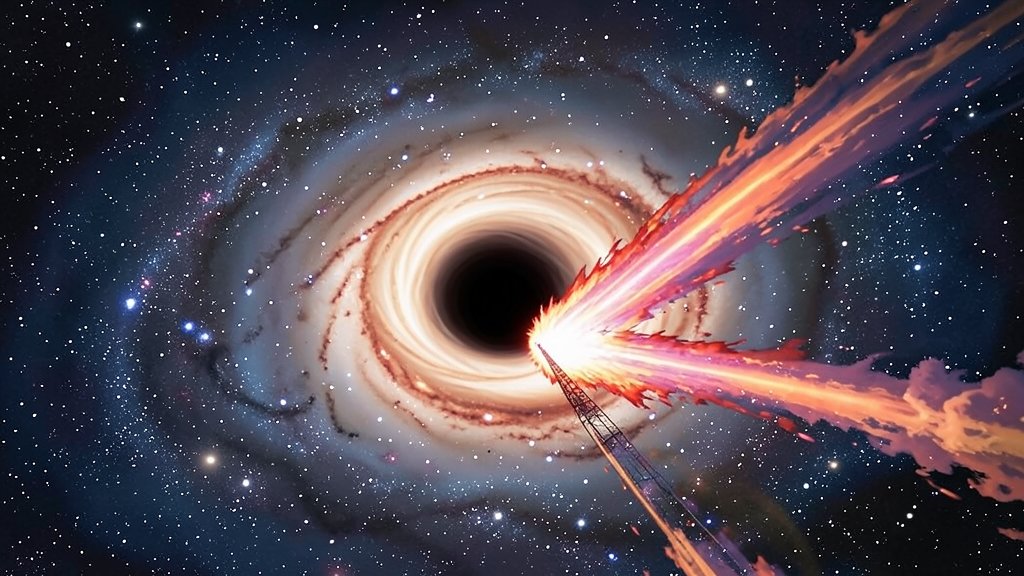 An illustration of a spiral galaxy with a supermassive black hole at its center, emitting huge jets of super-heated gas, resembling a giant sprinkler.
