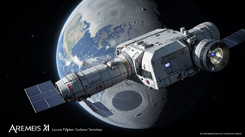 A detailed illustration of the Artemis II spacecraft in orbit around the Moon, with the Earth visible in the background, highlighting the mission's crewed lunar flyby objective.