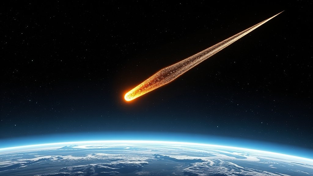 A high-resolution image of Comet 3I/ATLAS with a stunning starry background, showcasing its trajectory through the solar system