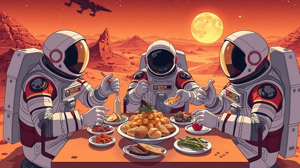 A futuristic illustration of astronauts eating a meal on Mars, with a variety of food items and a background of the Martian landscape
