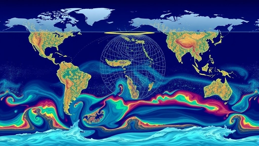 A detailed illustration of the ocean's ecosystem with neodymium isotopes distribution, highlighting the bottom-up approach to modeling.