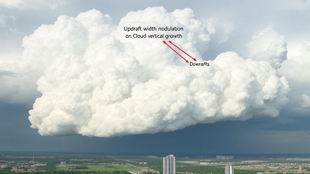 A detailed illustration of convective clouds with updrafts and downdrafts, showing the impact of updraft width modulation on cloud vertical growth, with a cityscape or landscape in the background to provide context.