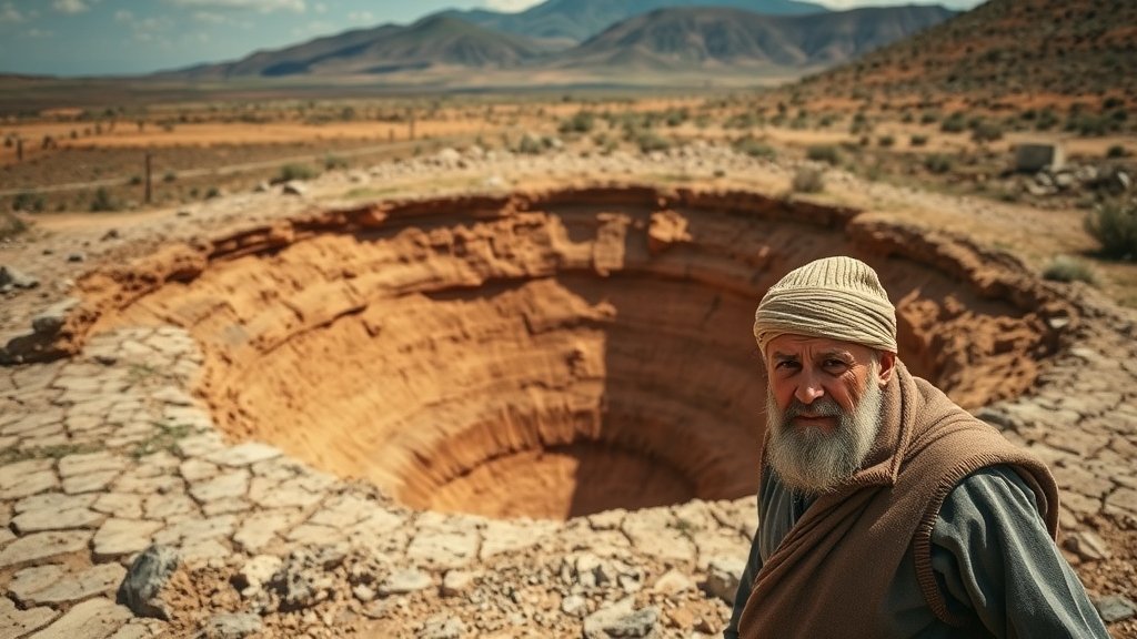 A dramatic image of a large sinkhole in the Turkish countryside, with a farmer or shepherd in the foreground, looking concerned, and a dry, cracked earth landscape in the background.