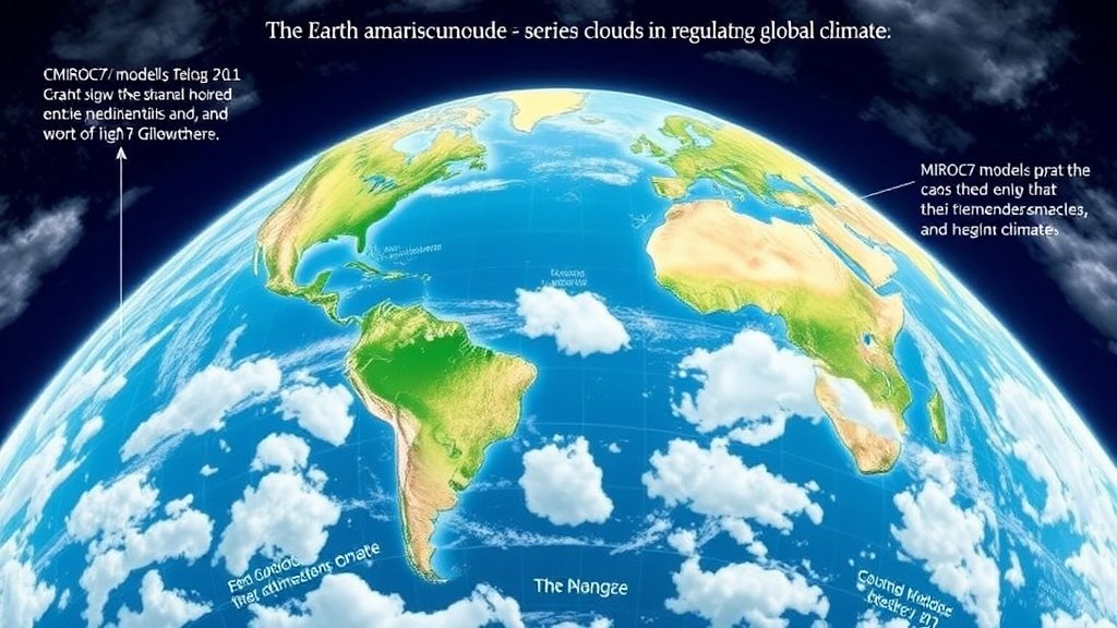 A detailed illustration of the Earth's atmosphere, highlighting the role of stratocumulus clouds in regulating global climate, with a focus on the MIROC7 model's representation of these clouds and their feedbacks.
