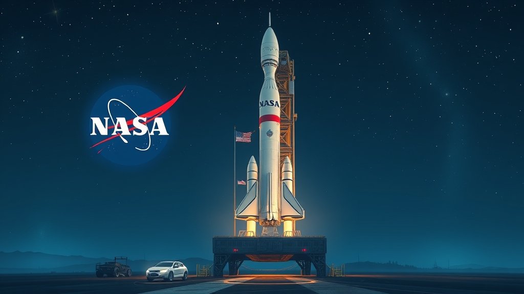 A detailed illustration of the Artemis 2 rocket on the launchpad, with the NASA logo and the American flag in the background, under a starry night sky.