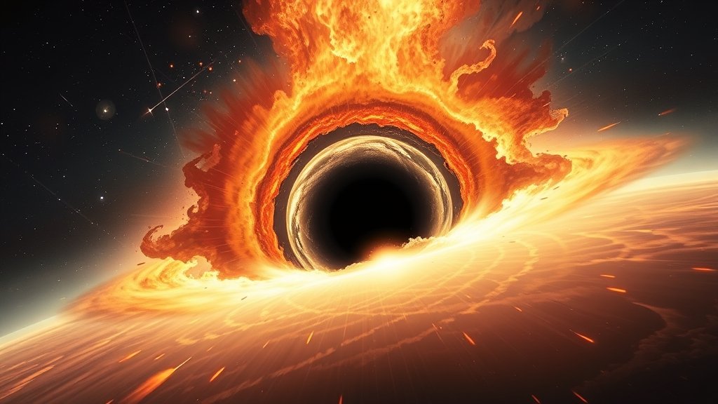A dramatic illustration of a supermassive black hole erupting like a cosmic volcano, with stars and gas swirling around it, set against a dark background of space.