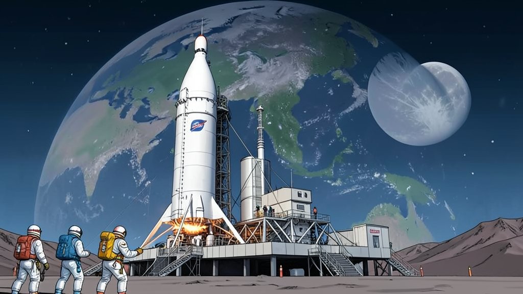An illustration of NASA's new moon rocket on the launch pad, with astronauts in the background, and a subtle background image of the Earth and the Moon.