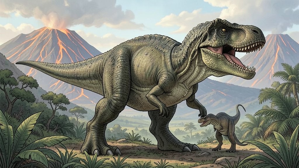 A detailed illustration of a Tyrannosaurus Rex in its natural habitat, with a focus on its size and growth stages, set against a backdrop of a prehistoric landscape with volcanoes and lush vegetation.